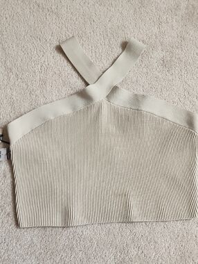 Babaton Ribbed Cross-Strap Crop Top in Light Taupe 2XL